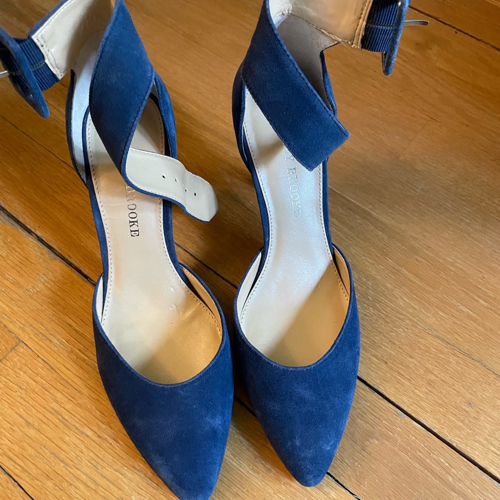Audrey Brooke Blue Suede Heels with Asymmetrical Strap